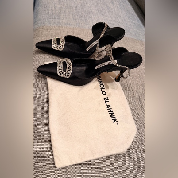 Manolo Blahnik Black Heels with Crystal Ankle and Emblem Embellishments, 37.5